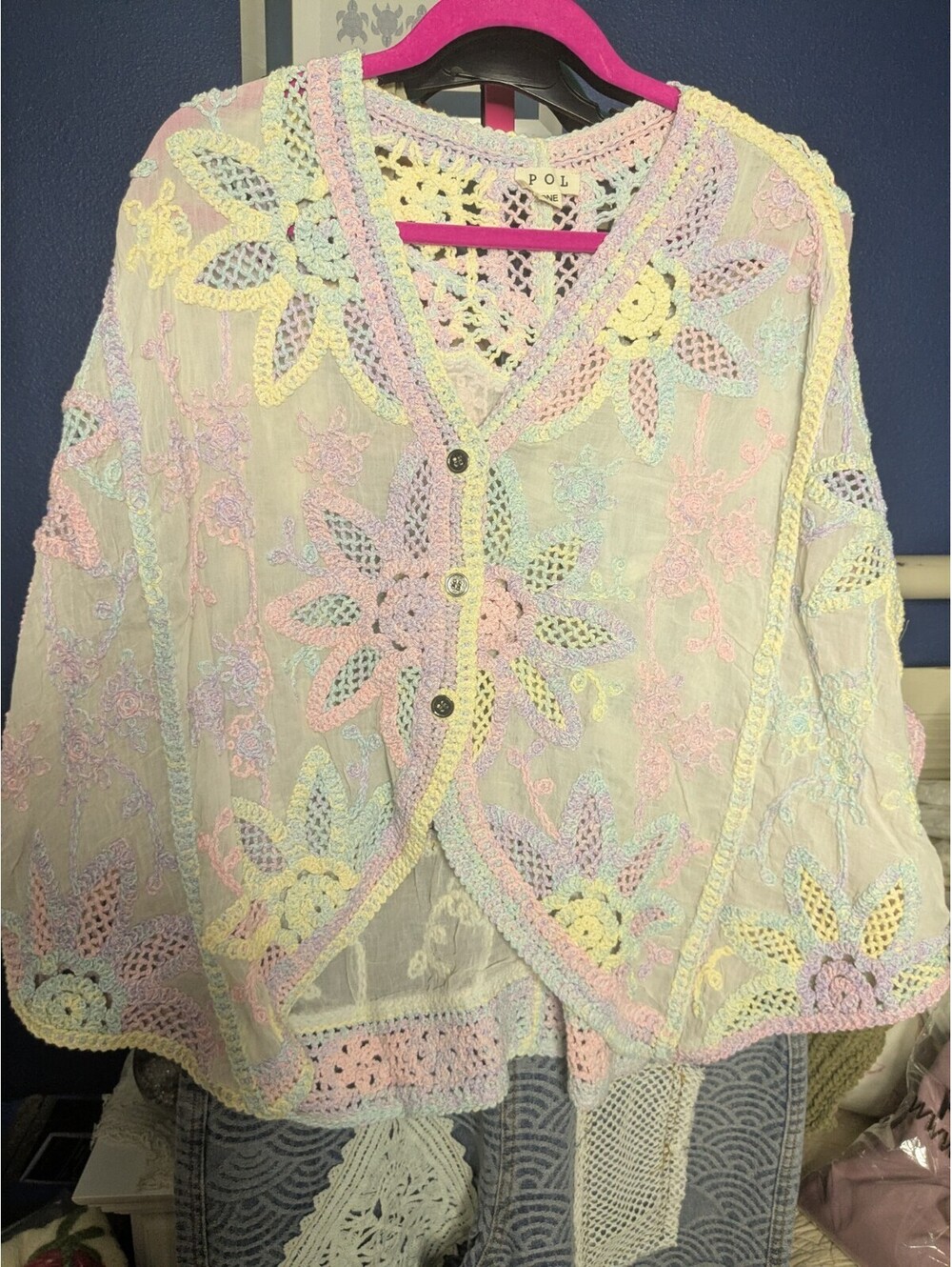 POL Open Front Crochet Flower Button Pattern Crochet Cardigan Viral Rainbow